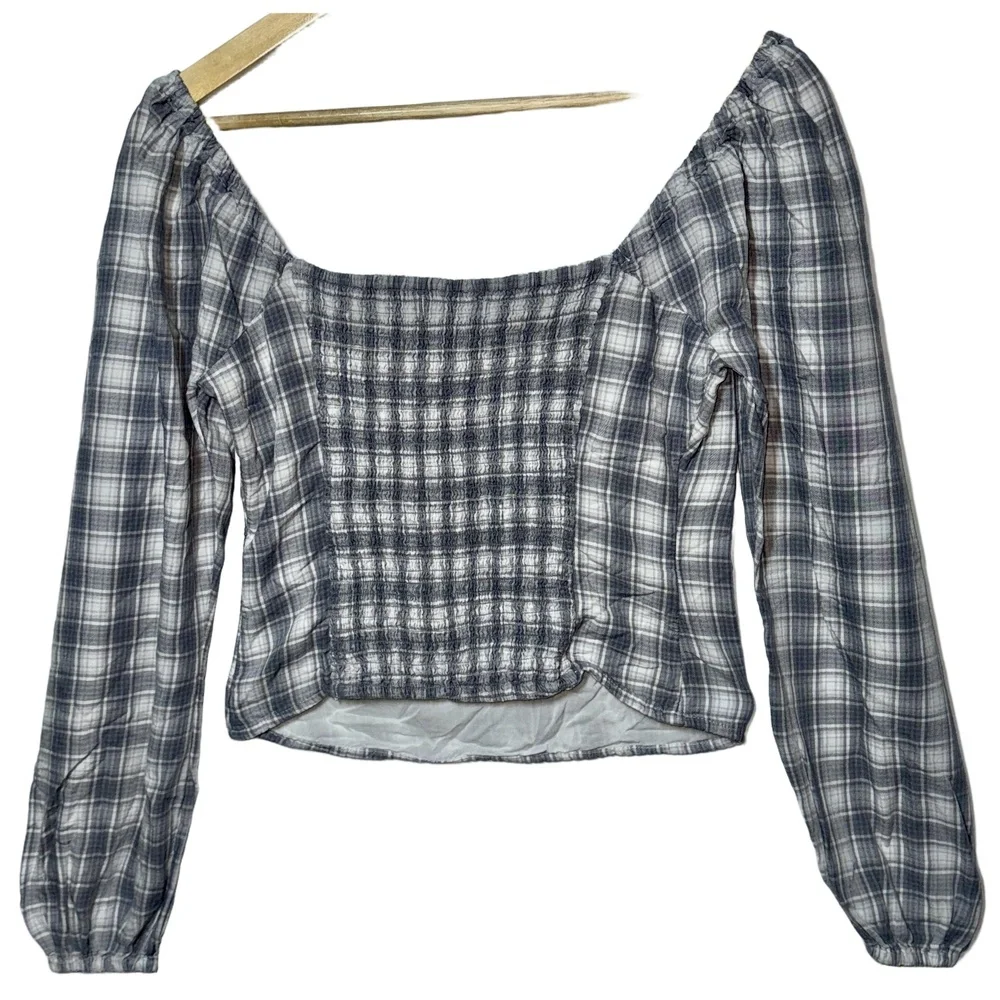 NEW Abercrombie & Fitch White Gray Plaid Smocked Long Puff Sleeve Blouse Size XS